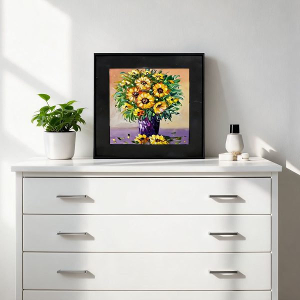 Free Custom Engraving Sunflower Canvas oil Painting | Floral Painting in Cowhide Frame