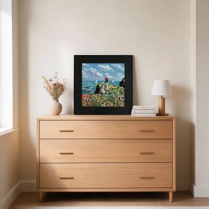 Free Custom Engraving Hand Painted Oil Painting|Seaside Landscape Artwork with Figure in Red Hat