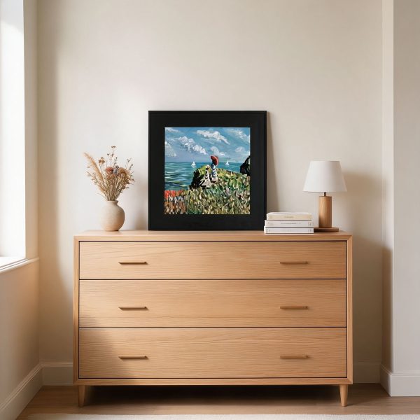 Free Custom Engraving Hand Painted Oil Painting|Seaside Landscape Artwork with Figure in Red Hat