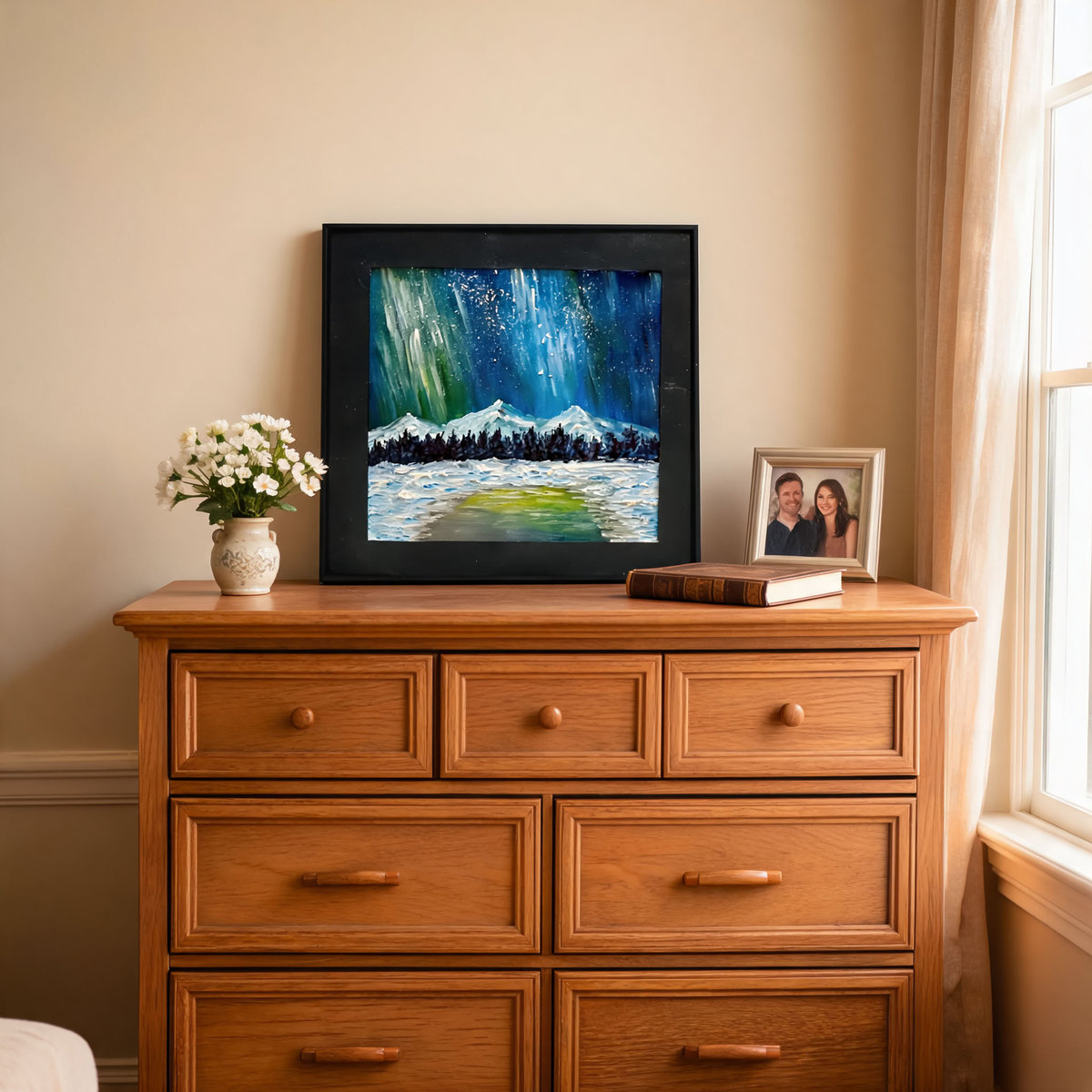 Aurora Borealis Textured Oil Painting – Original Northern Lights Art in Black Frame