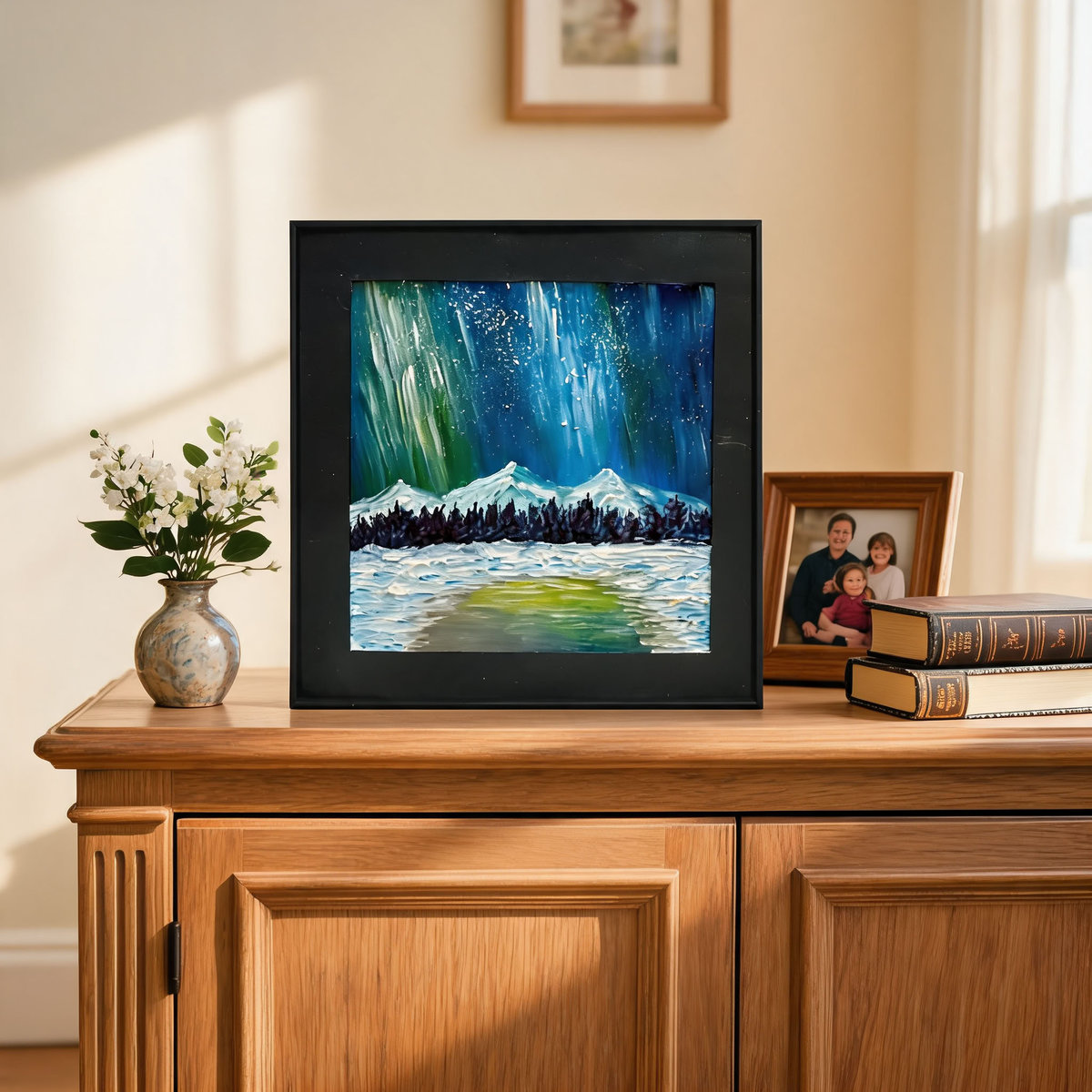 Aurora Borealis Textured Oil Painting – Original Northern Lights Art in Black Frame - Image 3