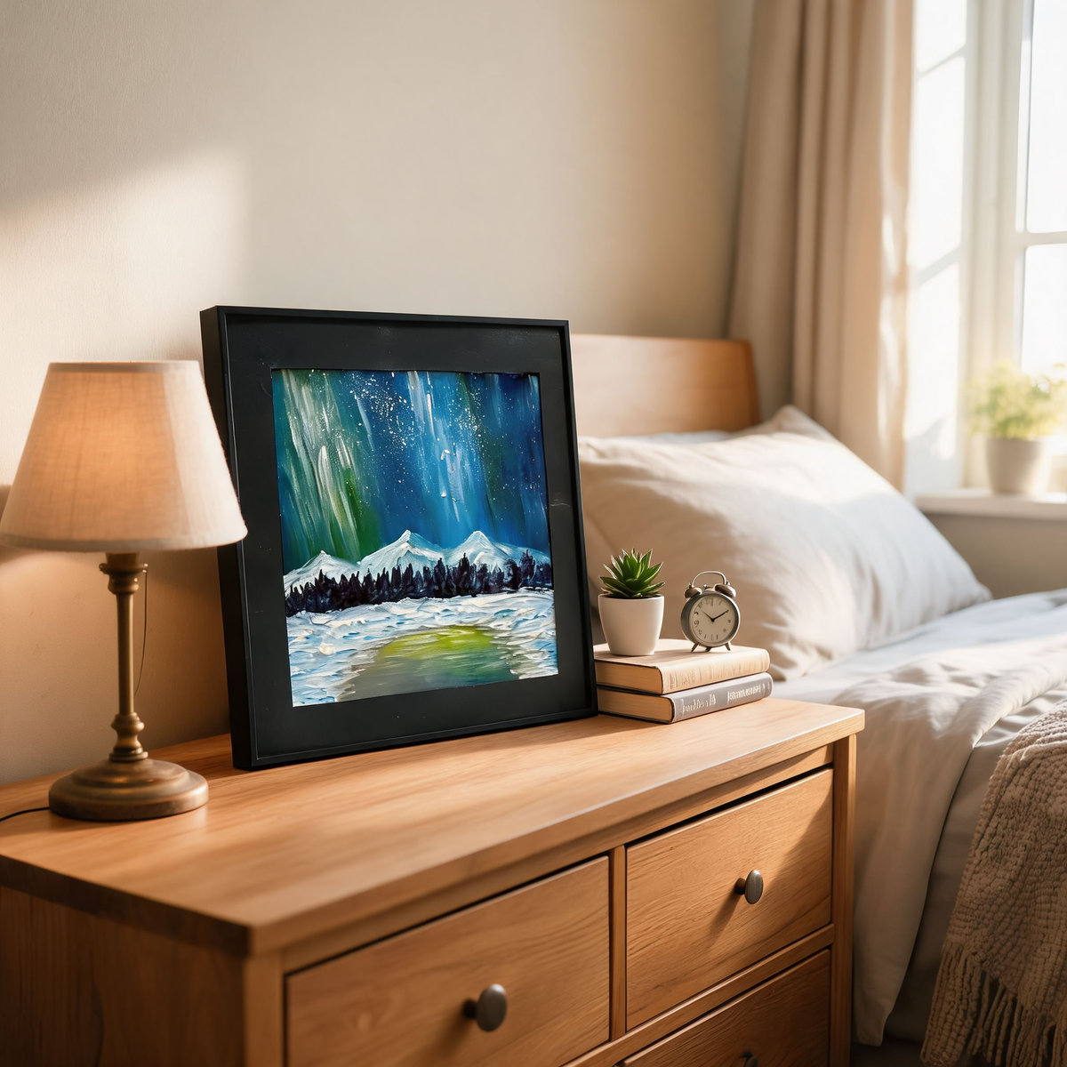 Aurora Borealis Textured Oil Painting – Original Northern Lights Art in Black Frame - Image 4