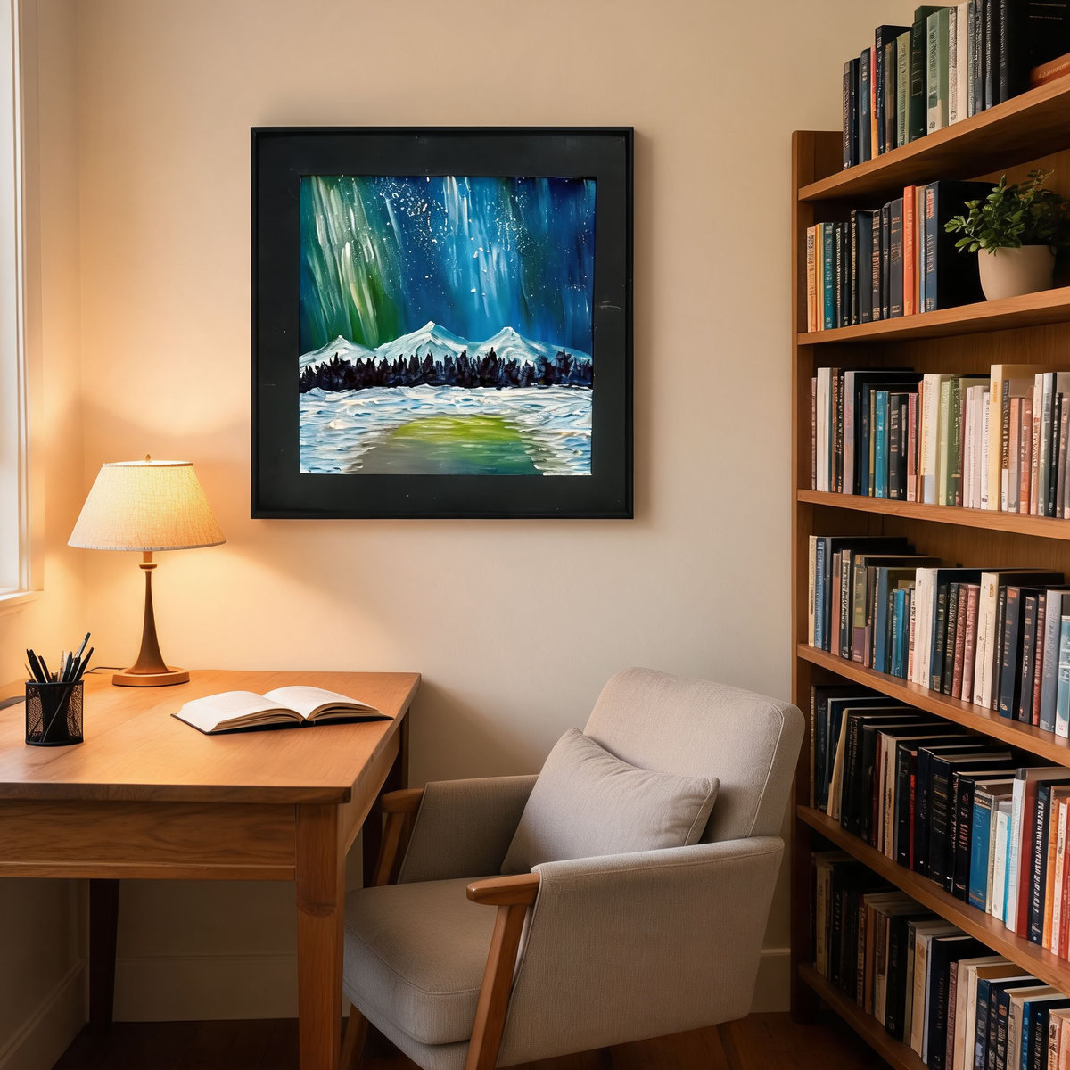 Aurora Borealis Textured Oil Painting – Original Northern Lights Art in Black Frame - Image 5