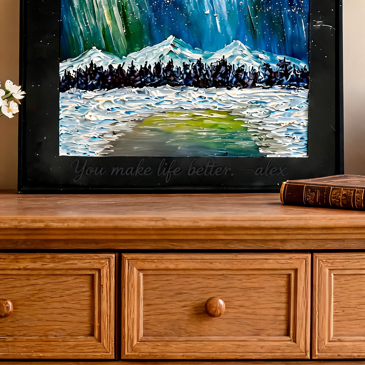 Aurora Borealis Textured Oil Painting – Original Northern Lights Art in Black Frame - Image 6