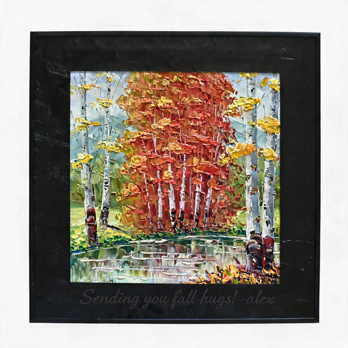 Cowhide-framed Hand-Painted Oil Painting Wall Art, Autumn Forest Birch Trees with Reflection - Image 4