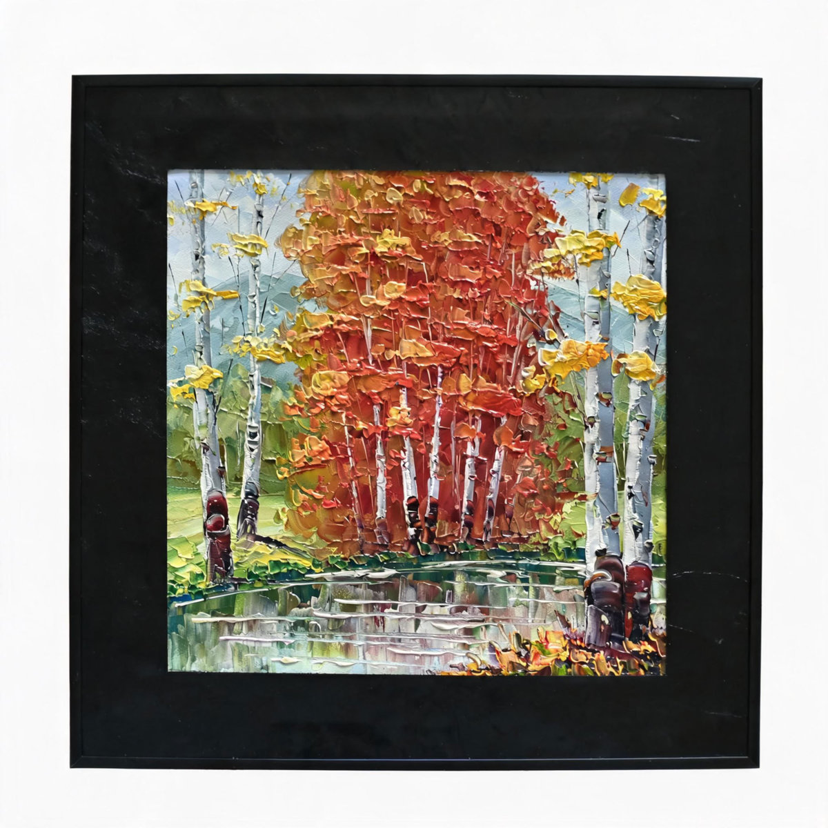 Cowhide-framed Hand-Painted Oil Painting Wall Art, Autumn Forest Birch Trees with Reflection - Image 6