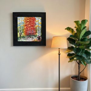 Cowhide-framed Hand-Painted Oil Painting Wall Art, Autumn Forest Birch Trees with Reflection