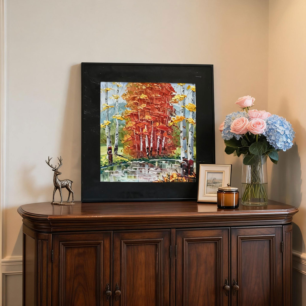 Cowhide-framed Hand-Painted Oil Painting Wall Art, Autumn Forest Birch Trees with Reflection - Image 3