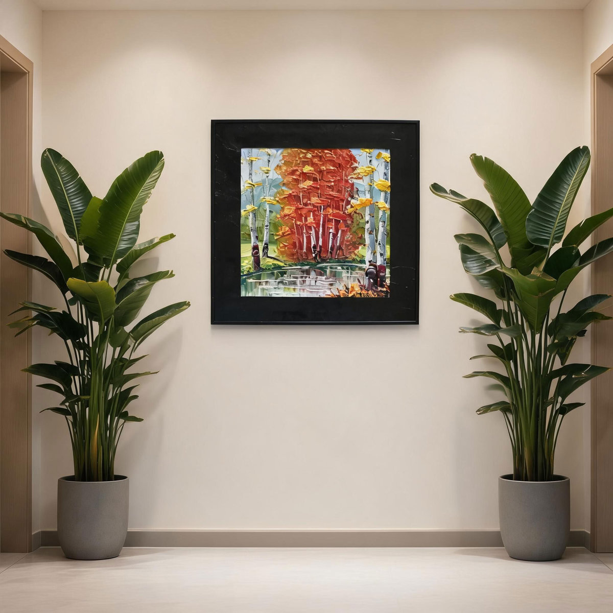 Cowhide-framed Hand-Painted Oil Painting Wall Art, Autumn Forest Birch Trees with Reflection - Image 5