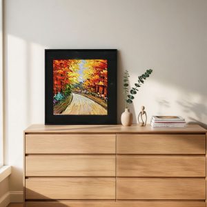 Vibrant Autumn Forest Road Hand-Painted Oil Painting with Cowhide Frame