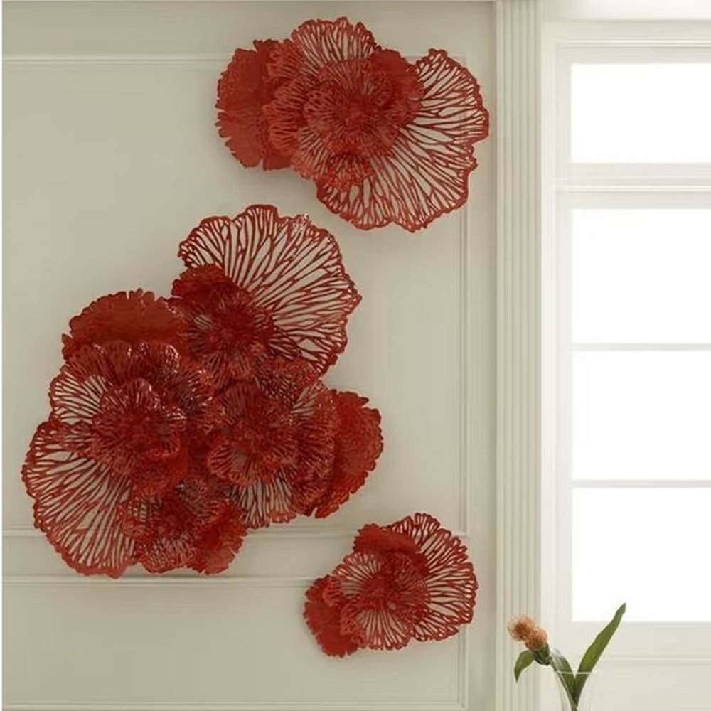 vibrant openwork red floral metal wall decor pieces