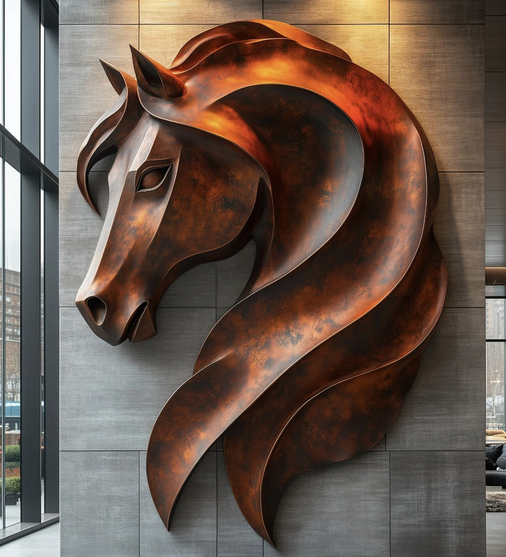 large rustic bronze-toned abstract horse head metal wall sculpture